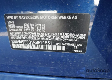 2024 BMW M340I M340I xDrive z USA, uszkodzony, nr VIN 3MW49FF01R8E21551